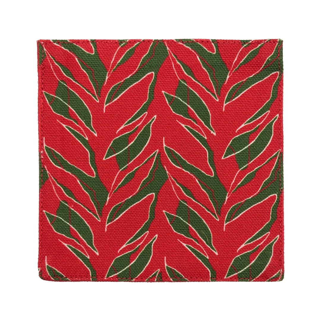 Kī coaster: green ti leaves on holiday red cotton