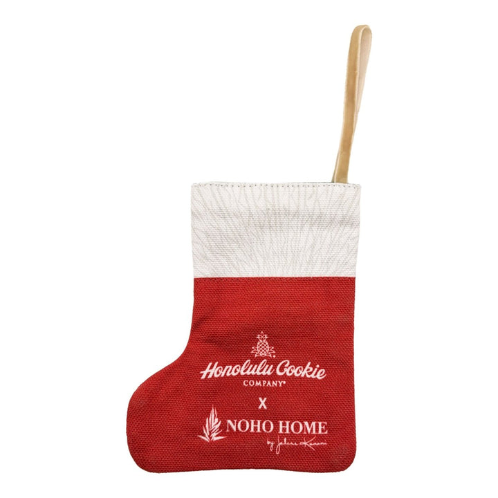 Back of the mini stocking with the Honolulu Cookie Company x NOHO HOME logos