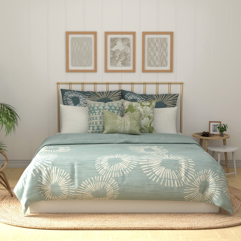 ʻOpihi Comforter Shown with Décor Pillows In a Large Bedroom