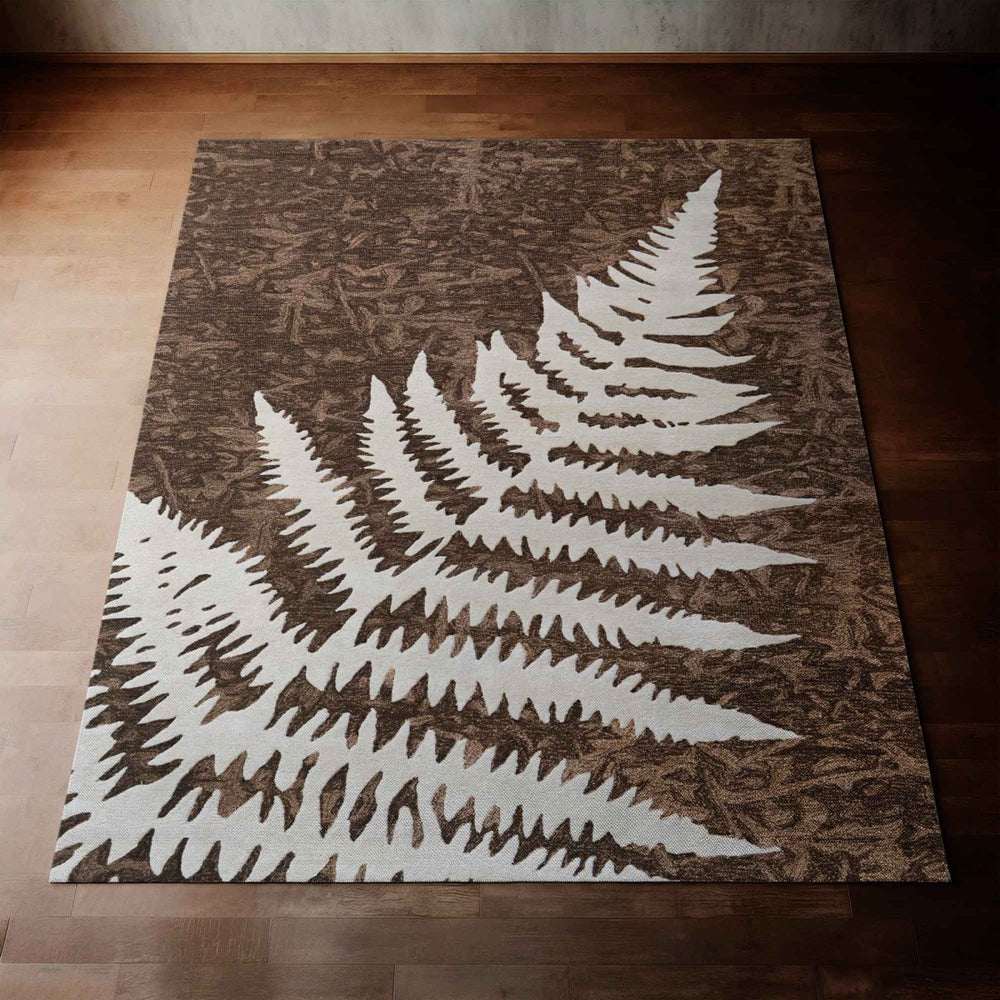 Palapalai Rug Tan Leaf with Brown Textured Color with Hawaiian Print Full in a room