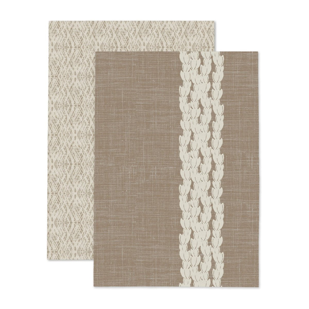Two cotton tea towels with different patterns on a white background.