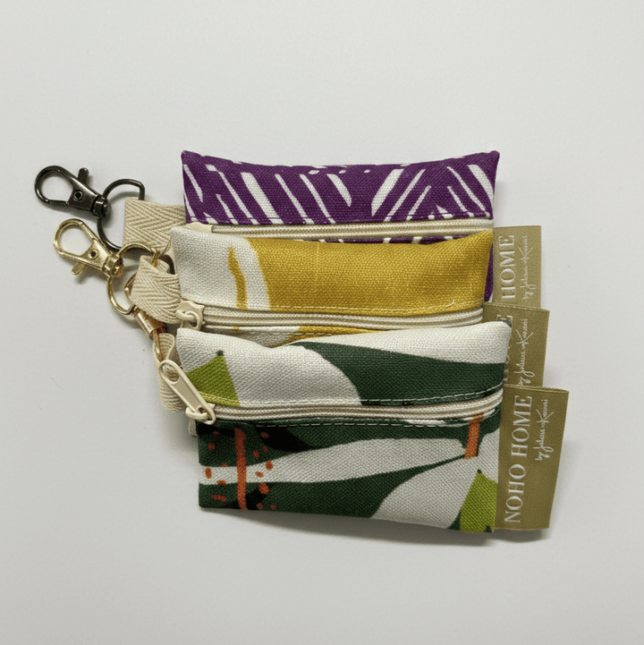 Set of fabric pouches with colorful patterns on a white background