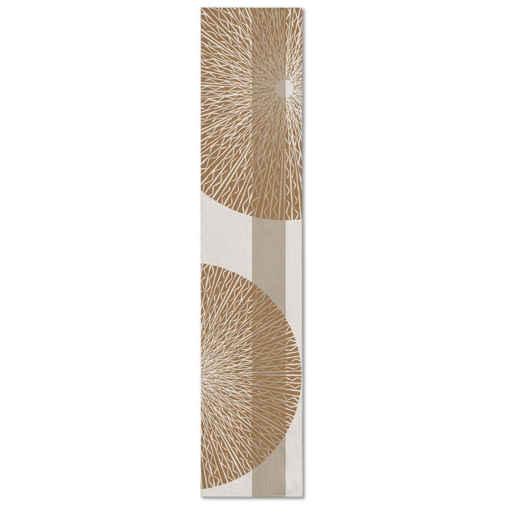 A rectangular table runner with a white background and gold niho medallion pattern.