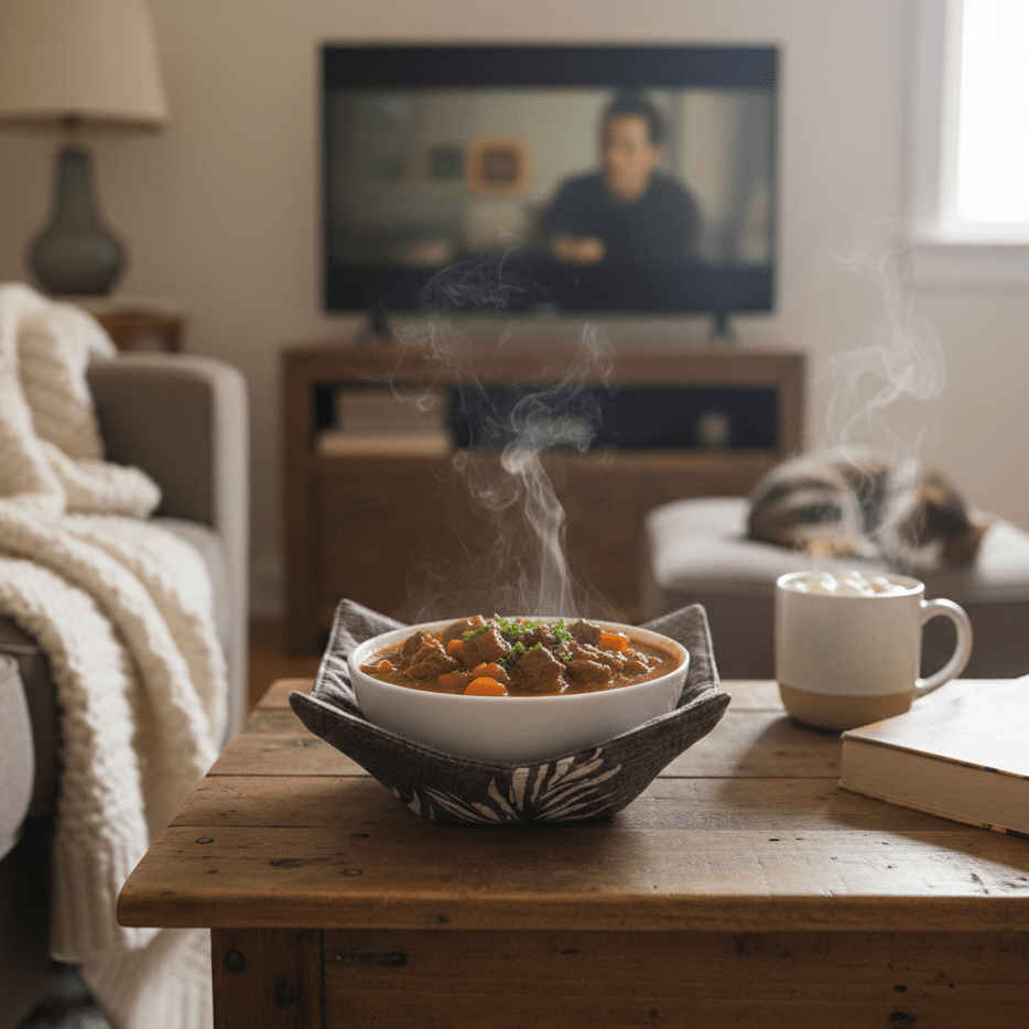 Steaming bowl of food on a wooden table with a mug and book in a cozy living room.