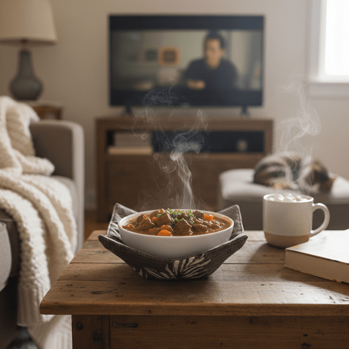 Steaming bowl of food on a wooden table with a mug and book in a cozy living room.