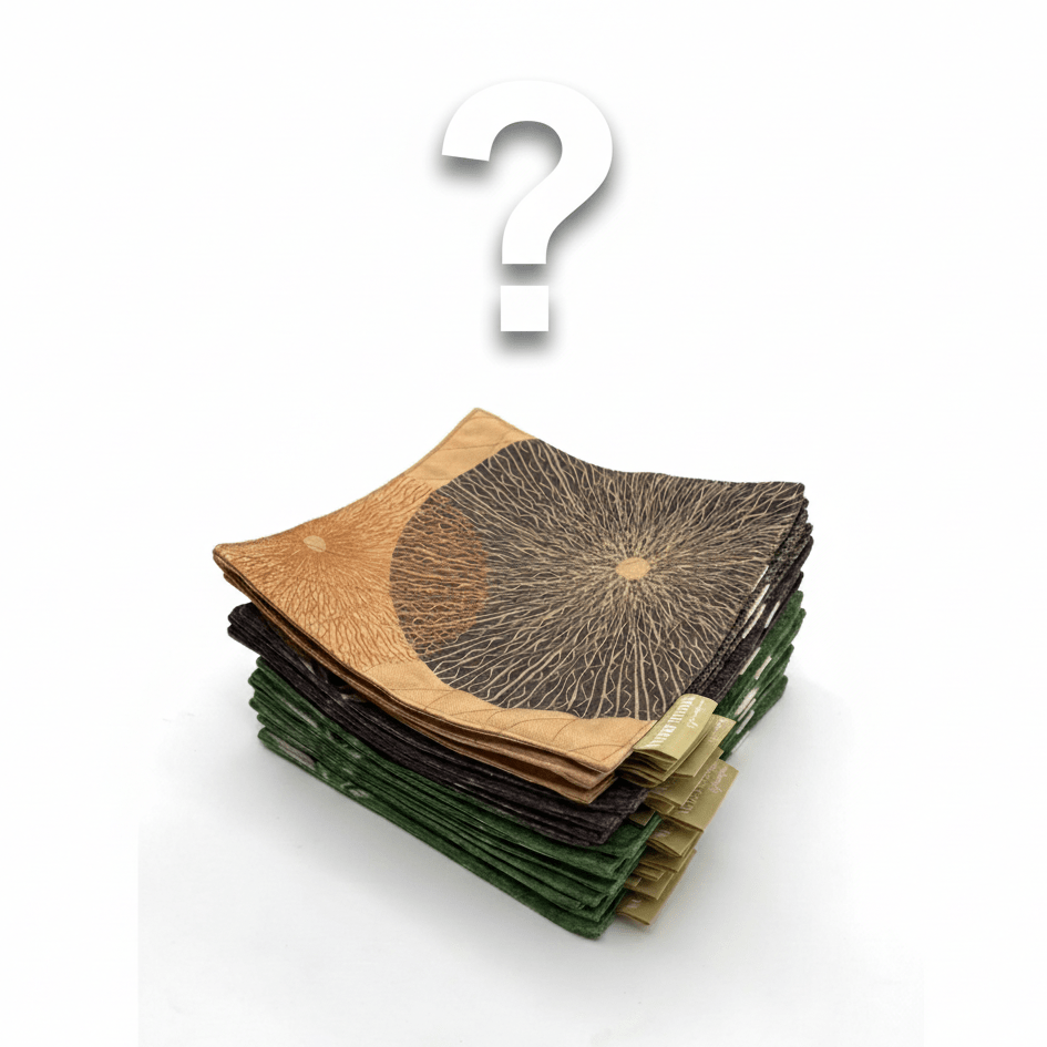 Stack of brown and green pot holders with a question mark above on a white background