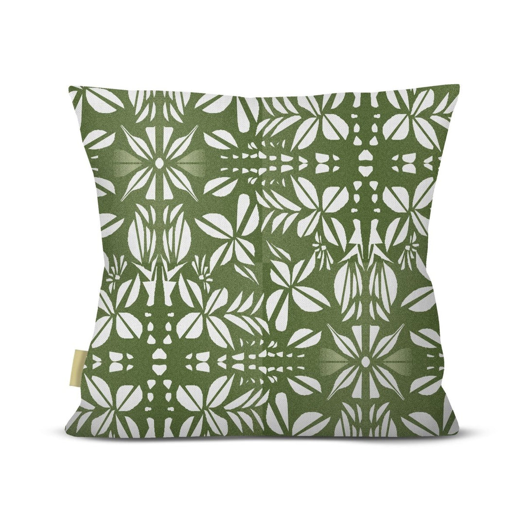 Back of the Green Seed Pods Square Pillowcase, white seed-pod and leaf medallions on a green ground, on a white background