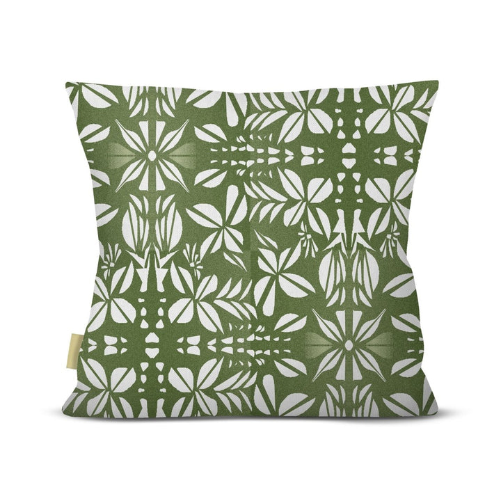 Back of the Green Seed Pods Square Pillowcase, white seed-pod and leaf medallions on a green ground, on a white background