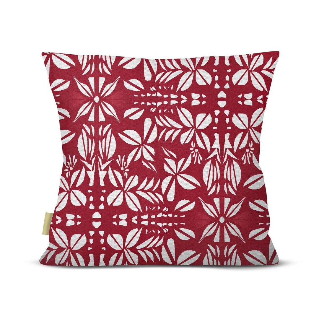 Back of the Red Seed Pods Square Pillowcase, white seed-pod and leaf medallions on a red ground, on a white background