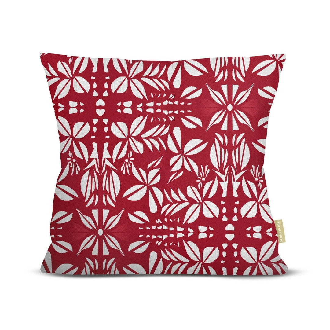 Front of the Red Seed Pods Square Pillowcase, white seed-pod and leaf medallions on a red ground, on a white background