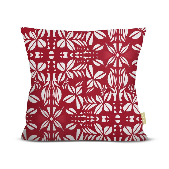 Front of the Red Seed Pods Square Pillowcase, white seed-pod and leaf medallions on a red ground, on a white background
