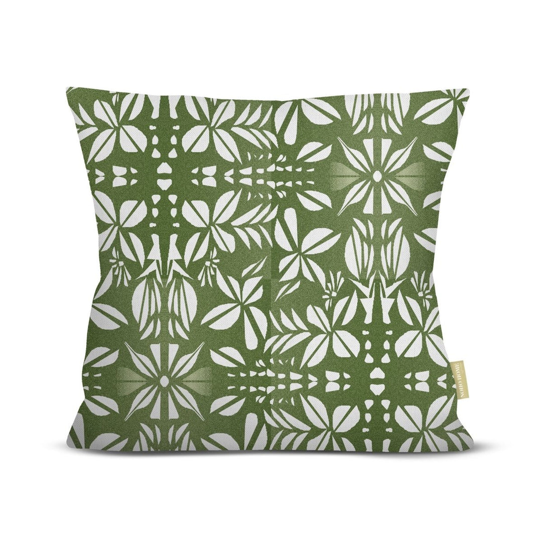 Front of the Green Seed Pods Square Pillowcase, white seed-pod and leaf medallions on a green ground, on a white background