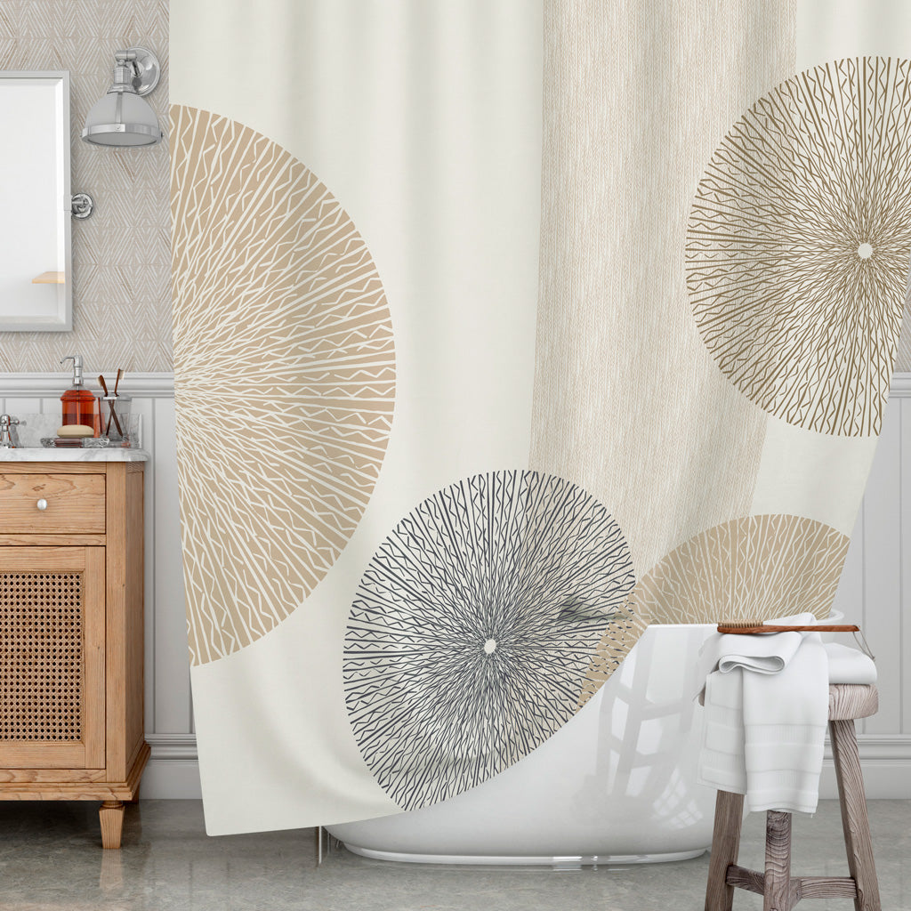 Maluhia Shower Curtain Installed Around a Tub Next To a Wood Bath Cabinet