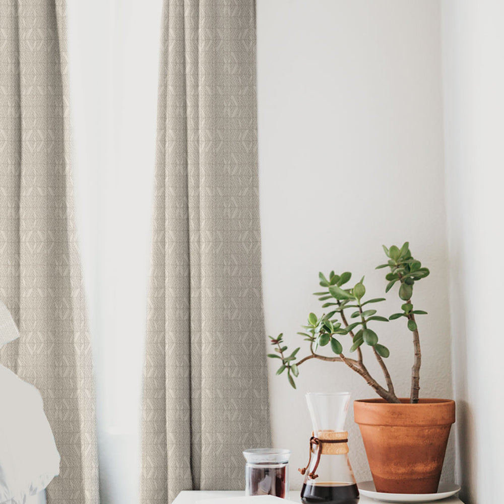 ʻAkahi Drapery Panel Hanging With a Plant and Coffee On a Table