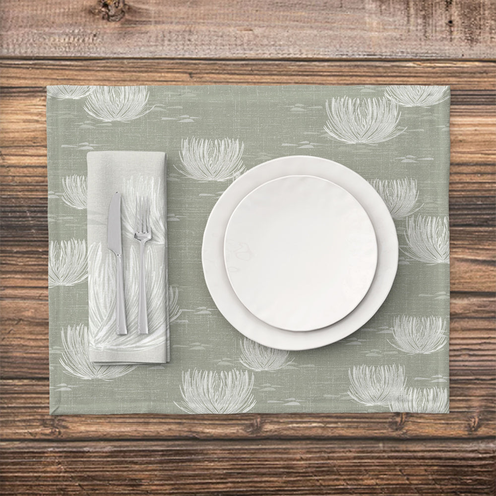 ʻĀhinahina Dining Placemat Set  with grey ʻĀhinahina Napkin, cutlery and white plates