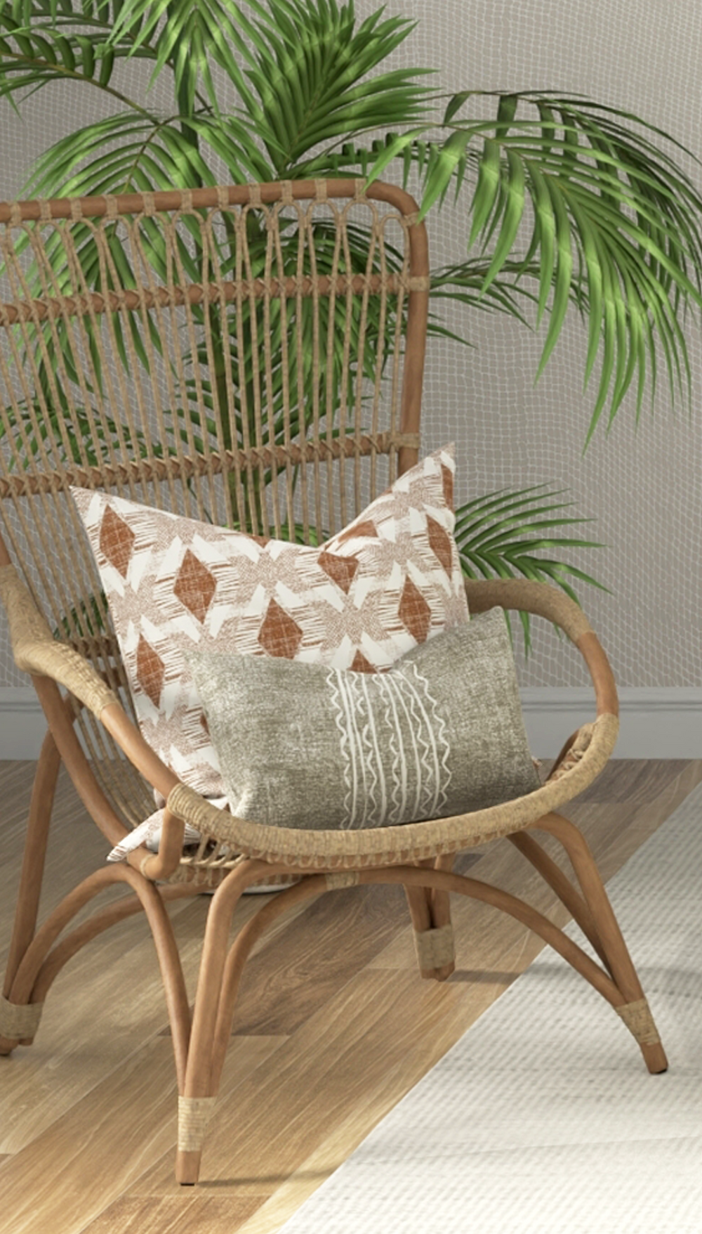 Coral Colored Kāholo Square Pillowcase Placed On a Wicker Chair