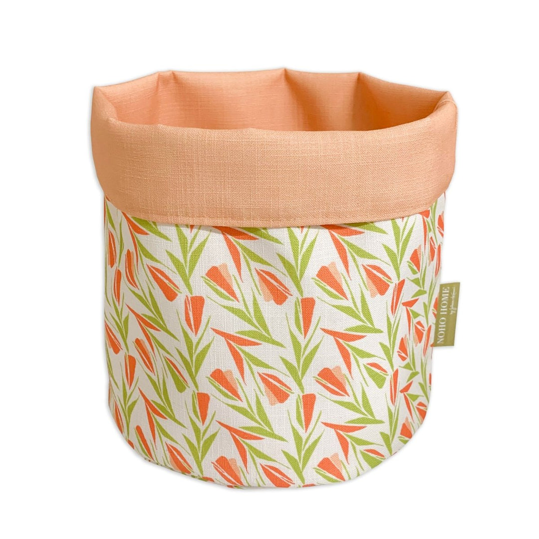 Citrus Lokelani Fabric Planter -  a vibrant, native Hawaiian design with soft peach and lively green hues.