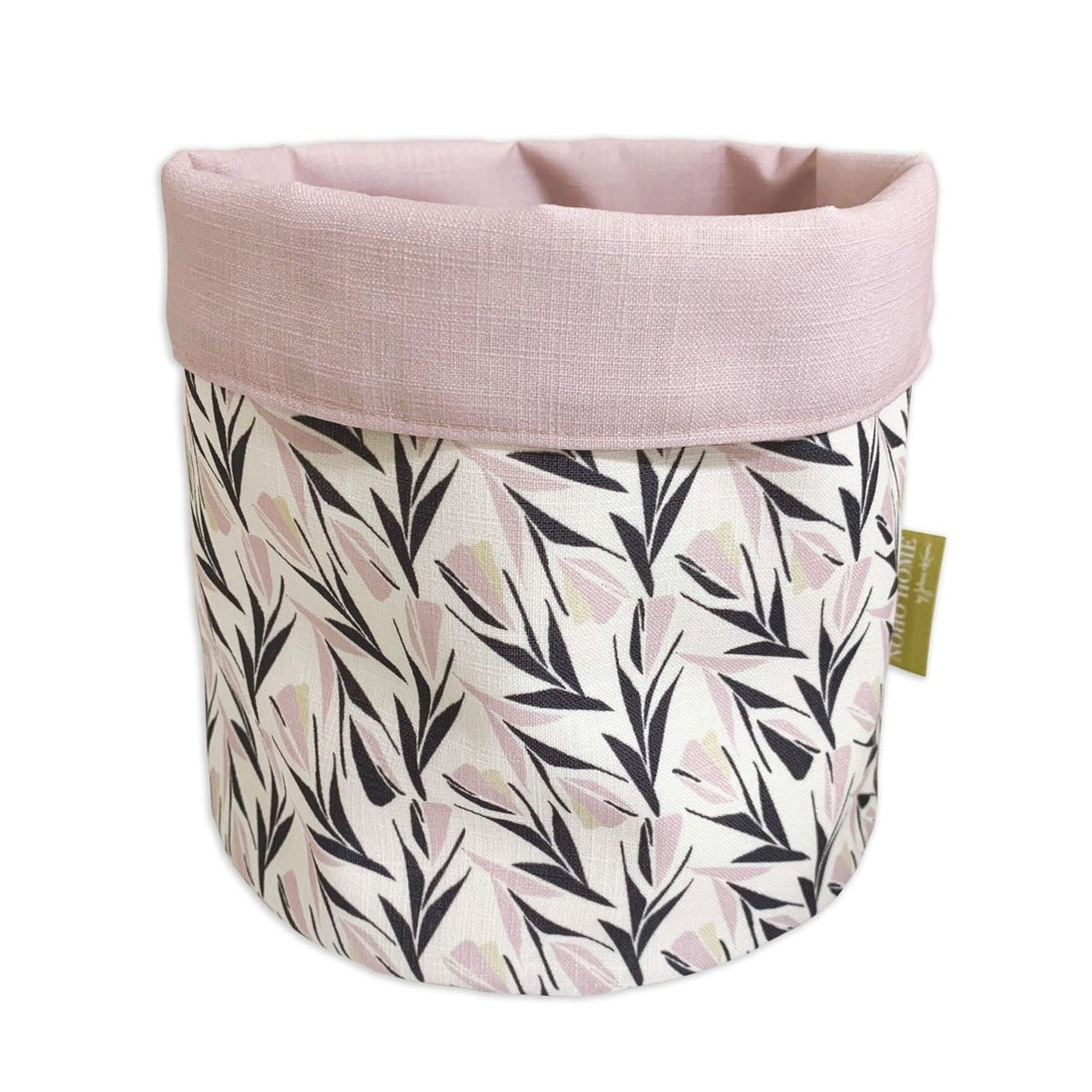 Rose Lokelani Fabric Planter - a vibrant, native Hawaiian design with soft pink and muted grey hues.