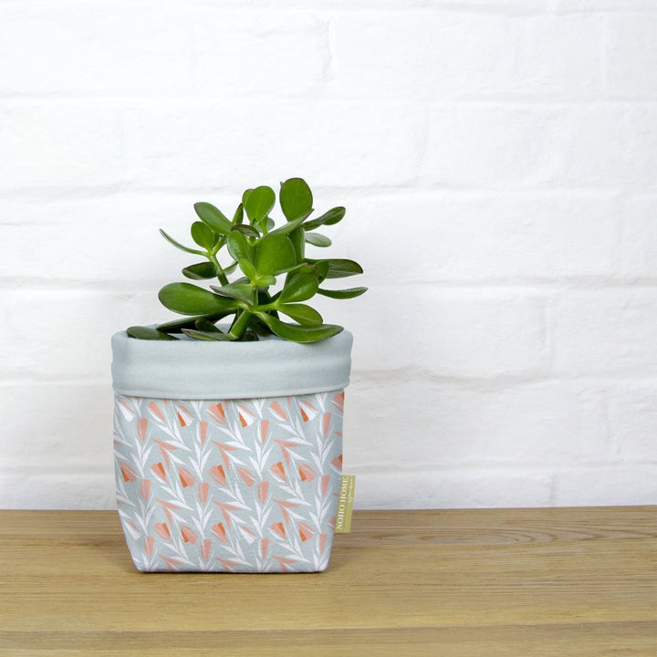 Sky Lokelani Fabric Planter - Large - A green succulent is planted in a fabric planter with a light blue and peach floral pattern. The planter has a solid baby blue cuff and is placed on a wooden surface against a white brick wall.