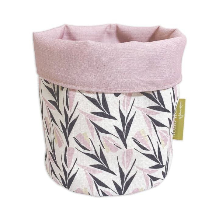 Rose Lokelani Fabric Planter - Medium - a vibrant, native Hawaiian design with soft pink and muted grey hues.