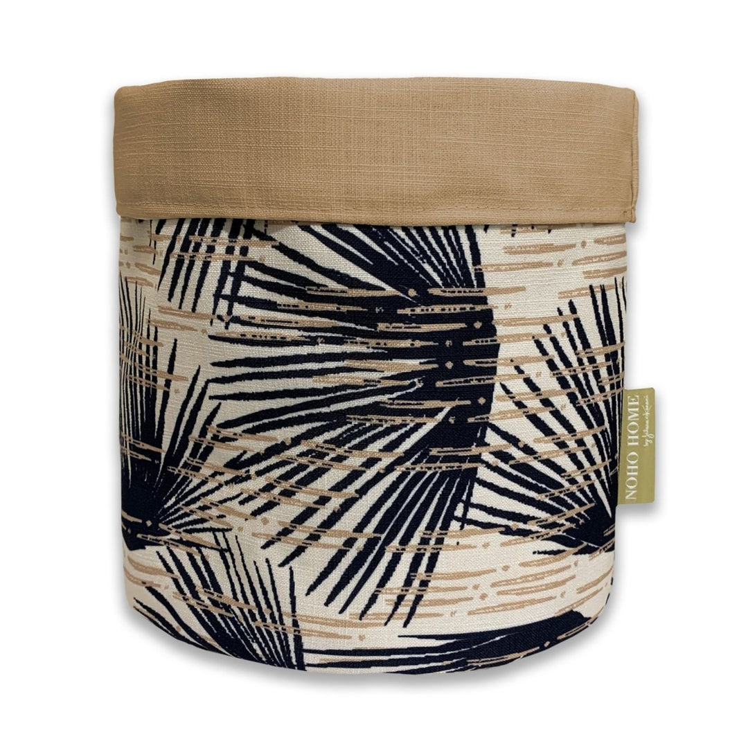 Dusk Loulu Fabric Planter With a Palm Leaf Design, in Taupe and Black Accents
