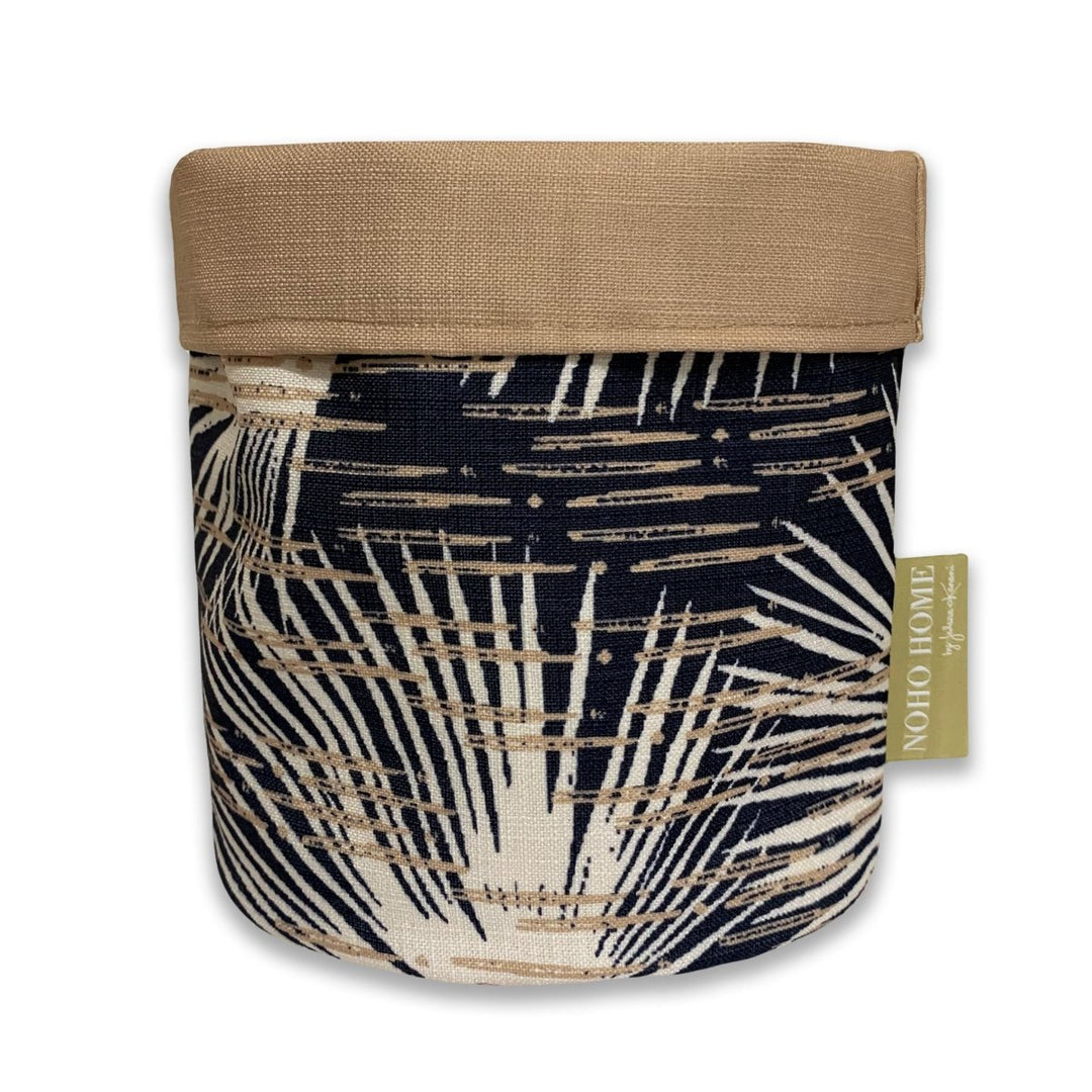 Dusk Loulu Fabric Planter - Medium -  A decorative planter with a palm leaf design, in taupe and black accents.