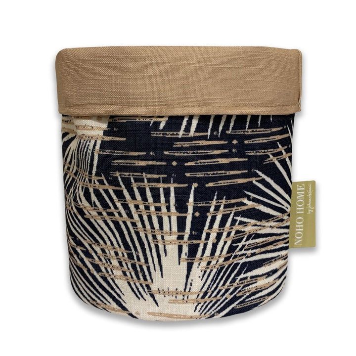 Dusk Loulu Fabric Planter - Medium -  A decorative planter with a palm leaf design, in taupe and black accents.