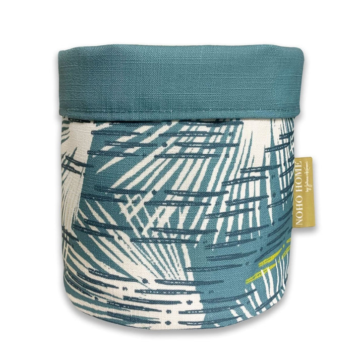 Ivory and Teal Loulu Fabric Planter - Medium - A decorative planter with a palm leaf design, in teal and ivory accents.