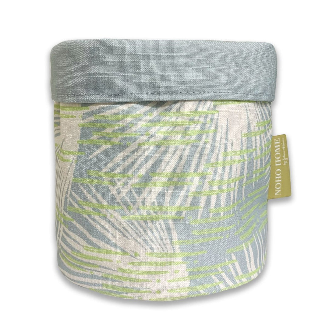 Celery and Light Blue Loulu Fabric Planter - Medium - A decorative planter with a palm leaf design, in light blue and celery accents.