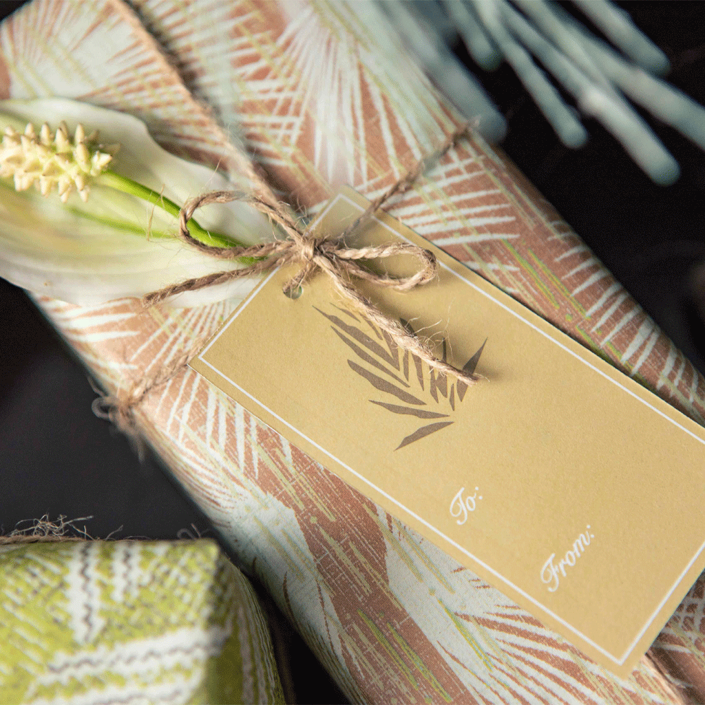 Hanging Gift Tag On a Loulu & Kapa Hou Paper Wrapped Gift