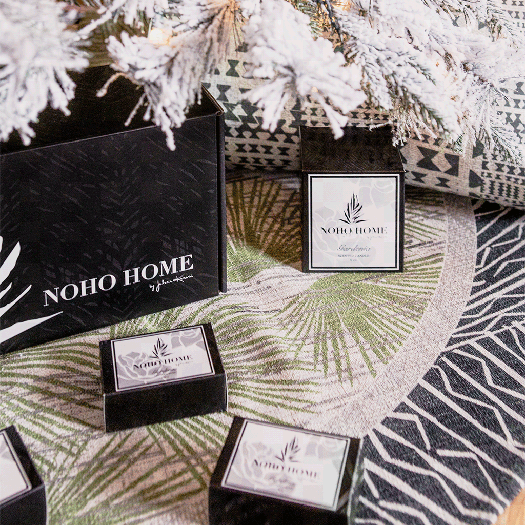 Mahana Beach Loulu Tree Skirt Under a Christmas Tree With Gifts
