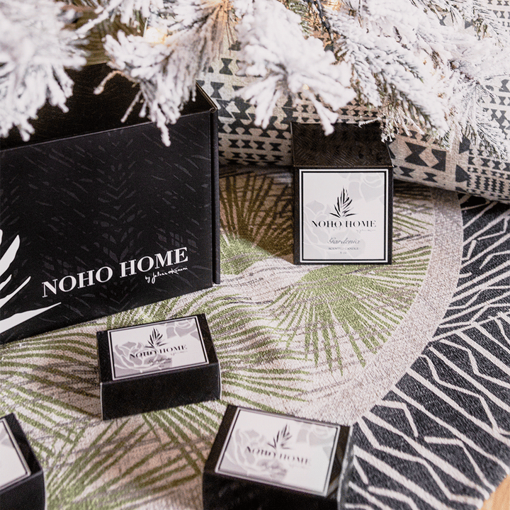 Mahana Beach Loulu Tree Skirt Under a Christmas Tree With Gifts