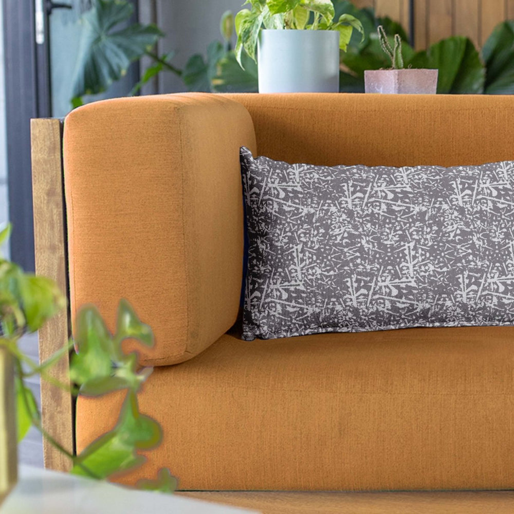 Oceania Lumbar Pillowcase in Slate Grey on an Orange Fabric Modern Couch