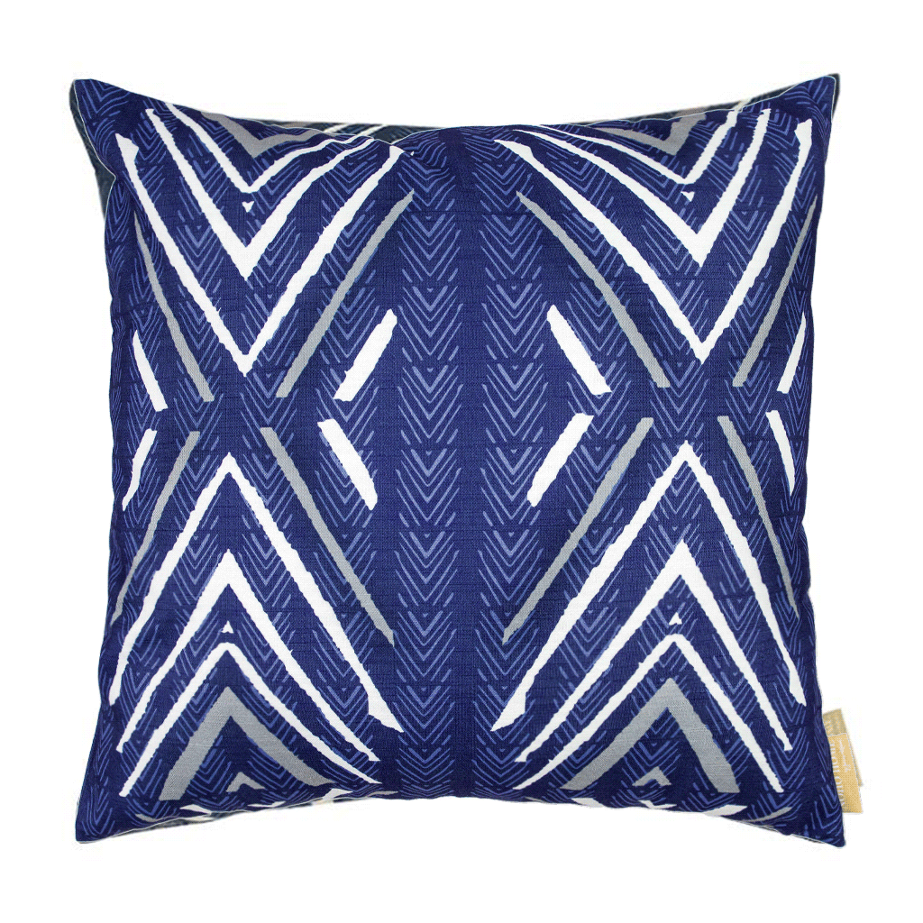 Ivory and Navy Tiki Square Pillowcase against white backdrop