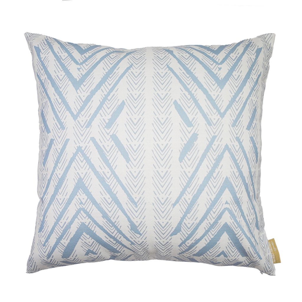 Light Blue and Beige Tiki Square Pillowcase against white backdrop