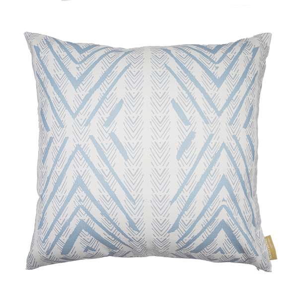 Light Blue and Beige Tiki Square Pillowcase against white backdrop