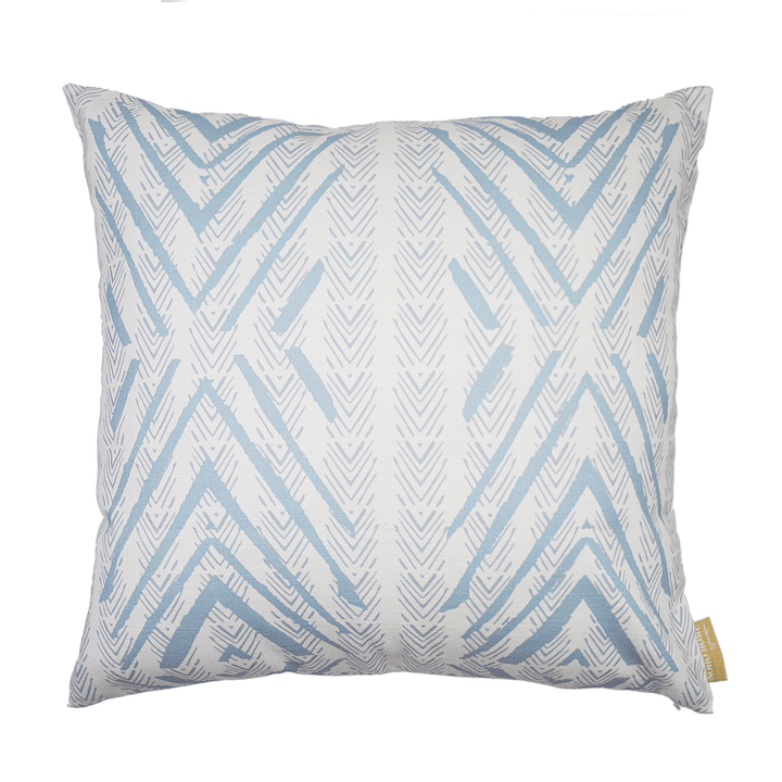 Light Blue and Beige Tiki Square Pillowcase against white backdrop