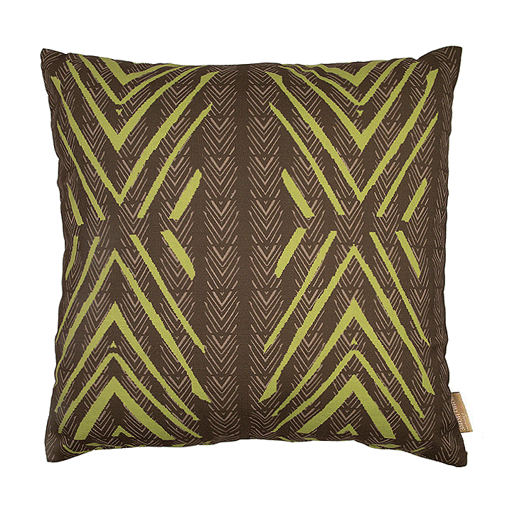 Moss and Brown Tiki Square Pillowcase against a white backdrop